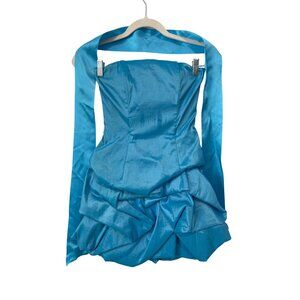 90s Jessica McClintock Mini Dress Size 2 Strapless Tie Waist Bubble Hem Blue